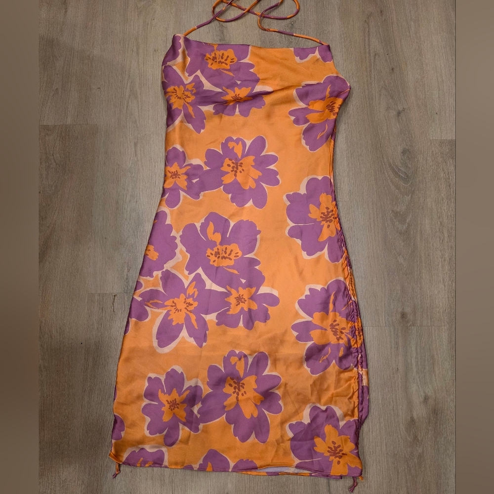 Bershka Orange Strapless Mini Dress with Pink Floral Print